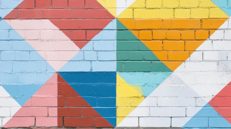 PSD colorful geometric mural on a brick wall