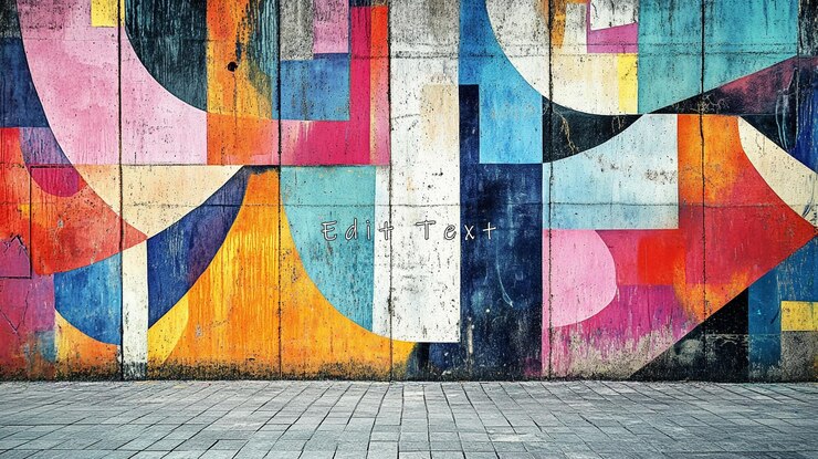 PSD colorful geometric mural on weathered concrete wall