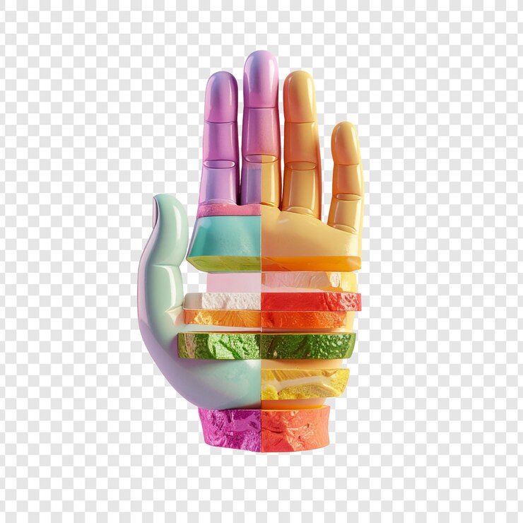 PSD colorful hand shaped food illustration vibrant food composition abstract graphic design