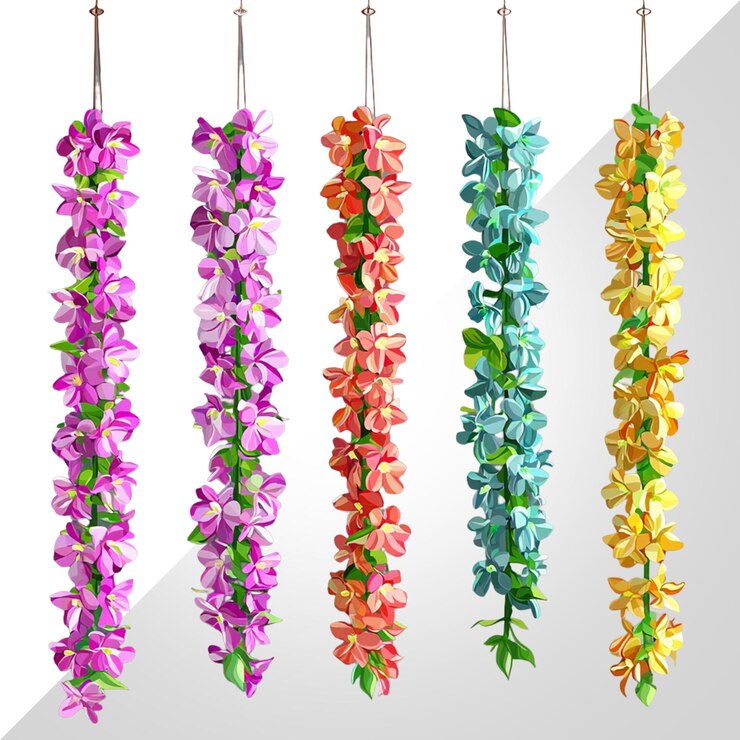 PSD colorful hanging flower garlands isolated on transparent