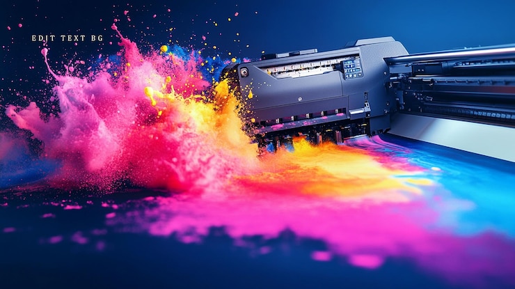 PSD colorful ink splashes from a large format printer during printing process