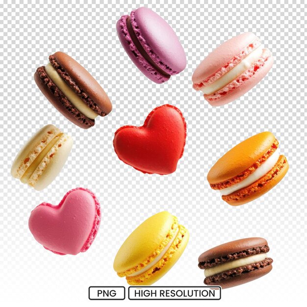 Colorful macaroons isolated on transparent background Macaroon in the form of a heart