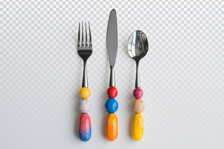 PSD colorful marble handle cutlery set on white background