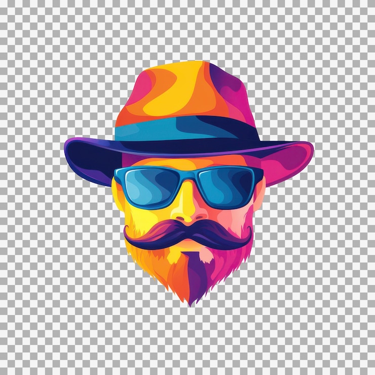 PSD colorful minimalistic urban hipster hat with glasses and mustache illustration on transparent background fathers day concept design