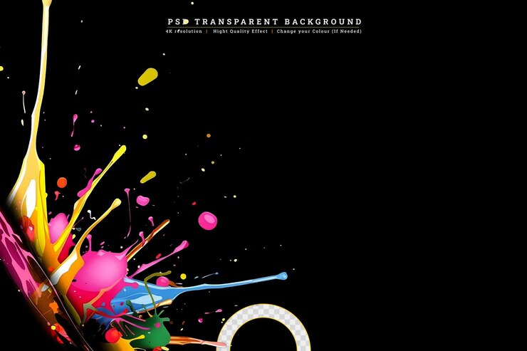PSD colorful paint splashing isolated on black background