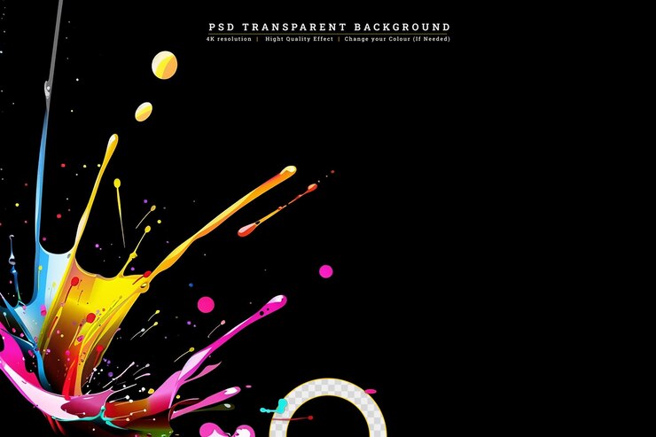 PSD colorful paint splashing isolated on black background