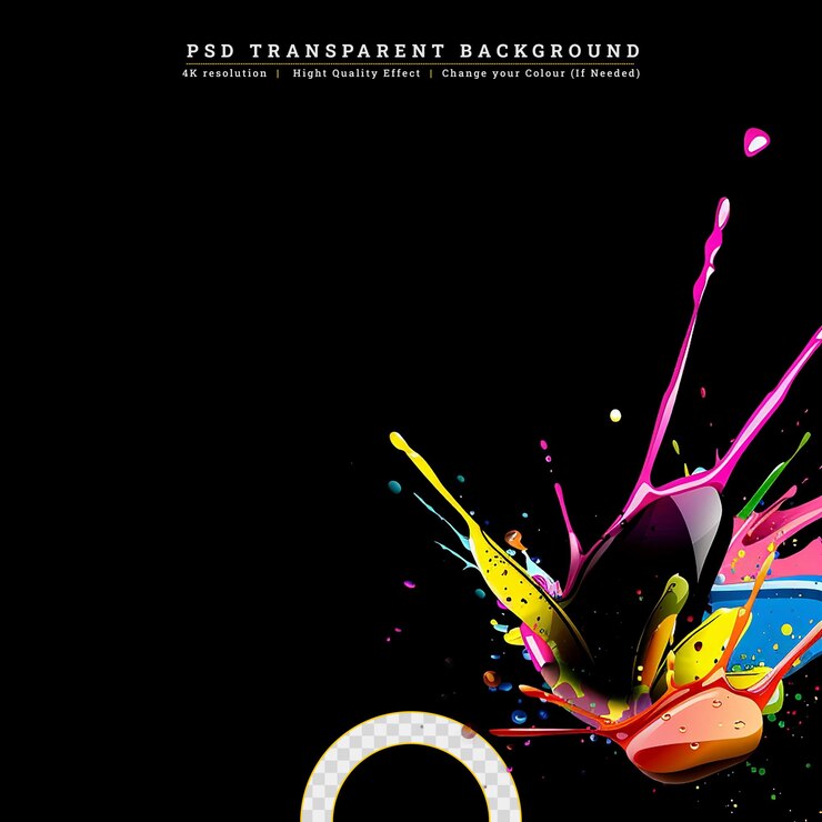 PSD colorful paint splashing isolated on black background