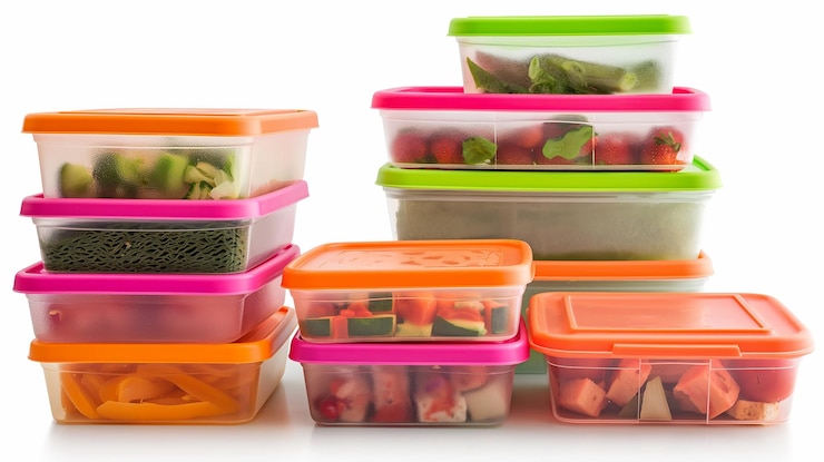 PSD colorful plastic food containers filled with fresh produce