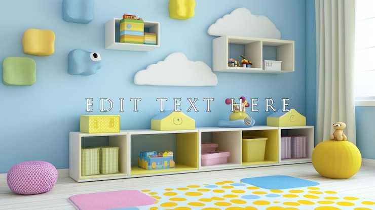 PSD colorful playful kids room interior design with storage shelves toys and soft play area
