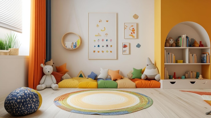 PSD colorful playroom with reading nook toys and bookshelves