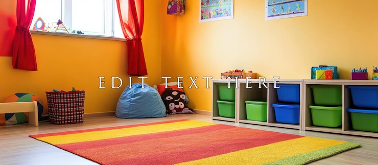 PSD colorful playroom with toys storage beanbag chairs and rug