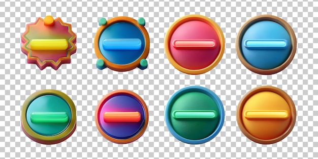 Colorful Set of Nine 3D Buttons Featuring Varied Designs and Styles for User Interface in Digital Applications and Websites