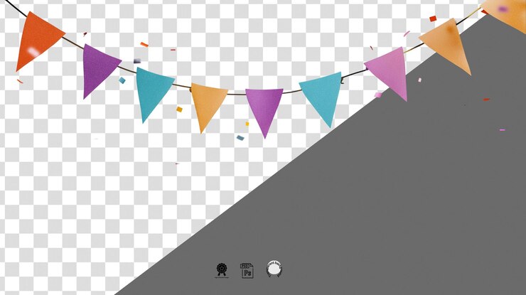 PSD colorful triangular flag garland hanging a white transparent png background