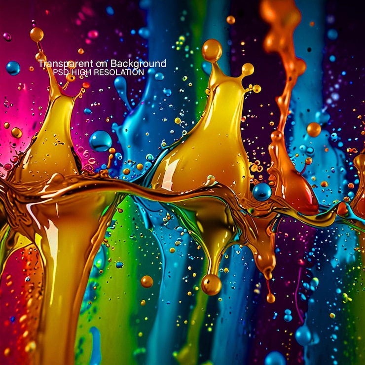 PSD colorful water splashing against on transparent background