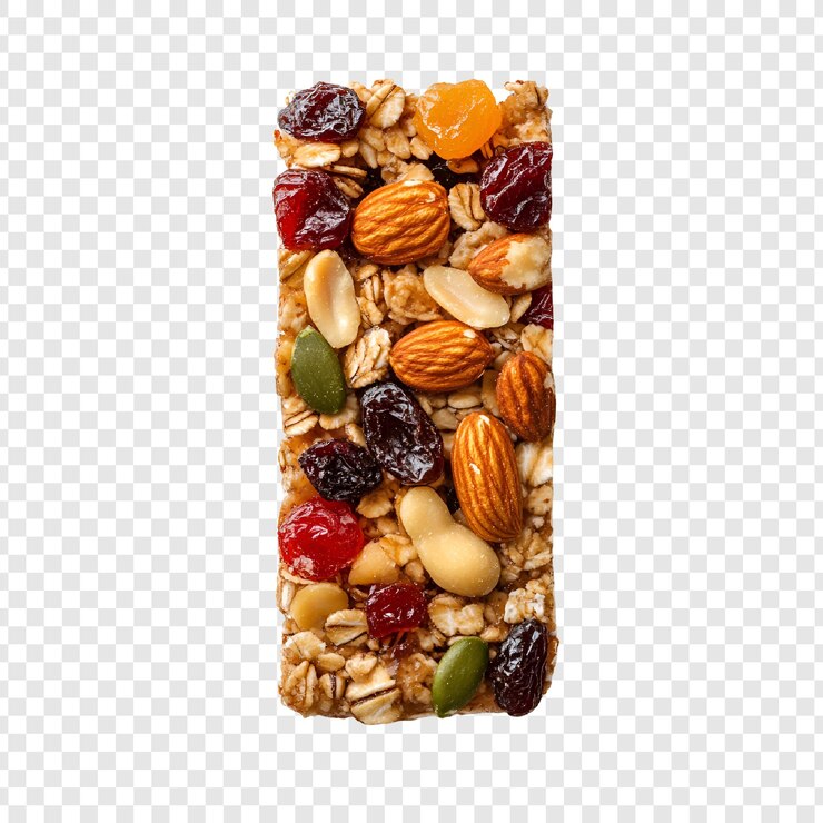 PSD colorida barra de energía de frutas y nueces de cerca