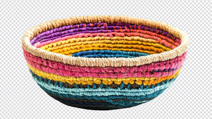PSD colorida canasta tejida a mano aislada sobre fondo blanco una pieza decorativa y funcional perfecta para el hogar y el estilo de vida
