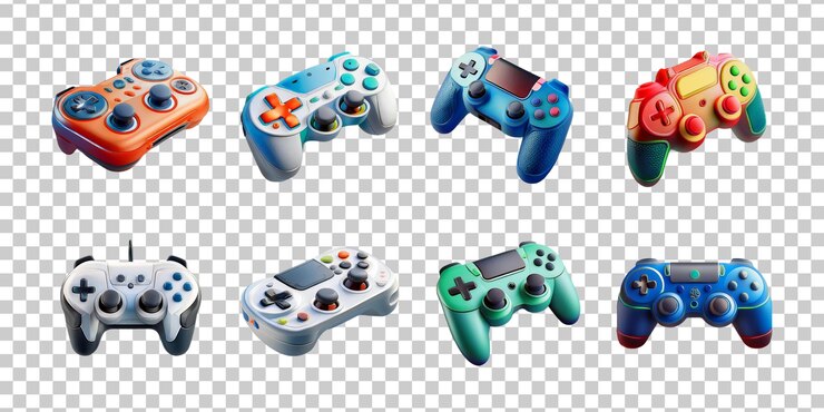PSD una colorida colección de controladores de juegos con varios diseños y esquemas de colores perfectos para los entusiastas de los juegos y los medios digitales en el entretenimiento moderno