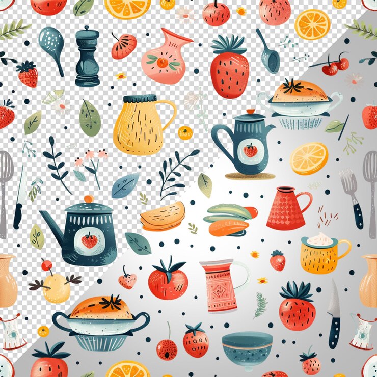 PSD una colorida colección de utensilios de cocina y frutas