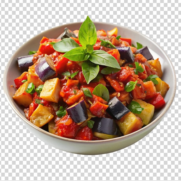 Una colorida ensalada de verduras en un plato blanco sobre un fondo transparente