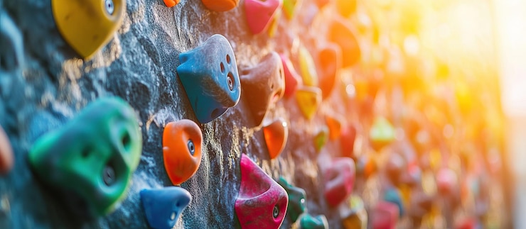PSD la colorida escalada se sostiene en una pared