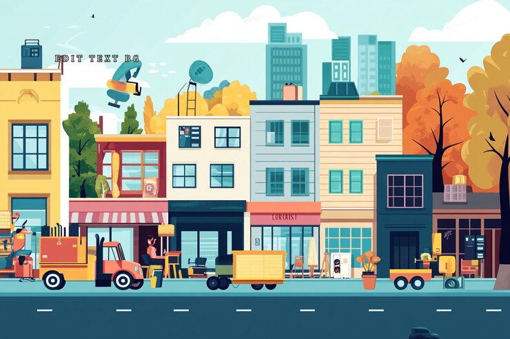 PSD colorida escena callejera de la ciudad de otoño con camiones en movimiento tiendas y edificios residenciales