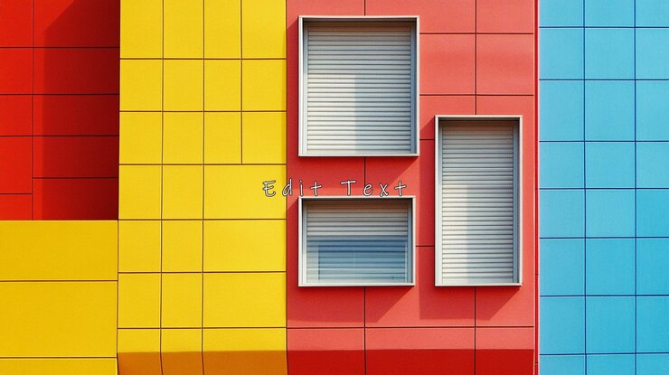 PSD colorida fachada del edificio con ventanas cuadradas y persianas