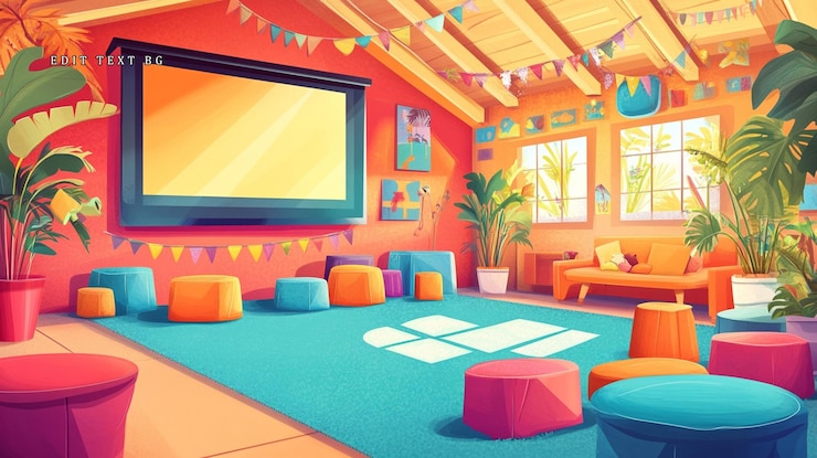 PSD colorida habitación en el ático con plantas para sentarse y decoración festiva