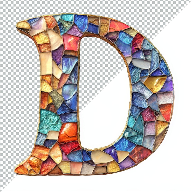 PSD la colorida letra de mosaico d hecha a partir de blanco que muestra tonos vibrantes de oro azul y rojo dispuestos artísticamente la letra consonante d se utiliza para hacer palabras en fondo blanco.