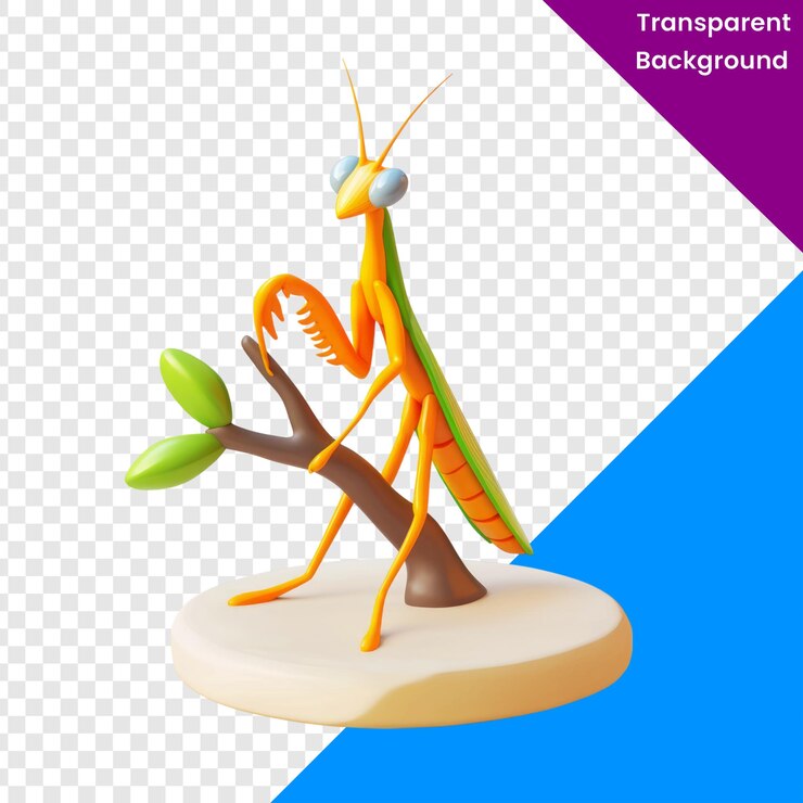 PSD la colorida mantis de dibujos animados en una rama con hojas