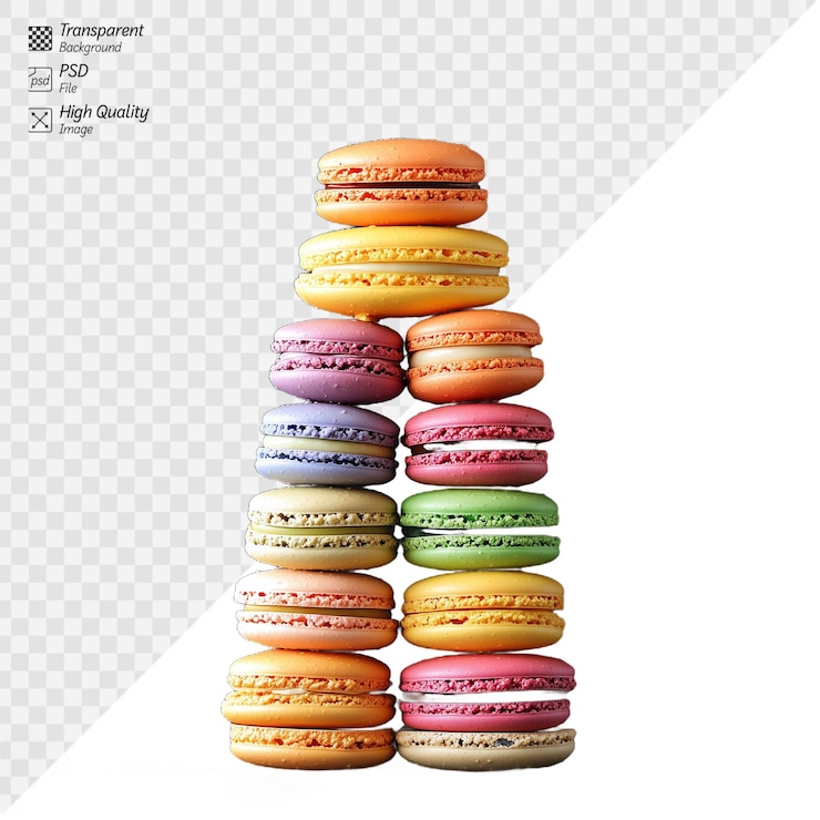 PSD una colorida pirámide de macarones variados apilados sobre un fondo transparente que muestra vibrantes tonos pastel y deliciosos sabores para una deliciosa experiencia culinaria