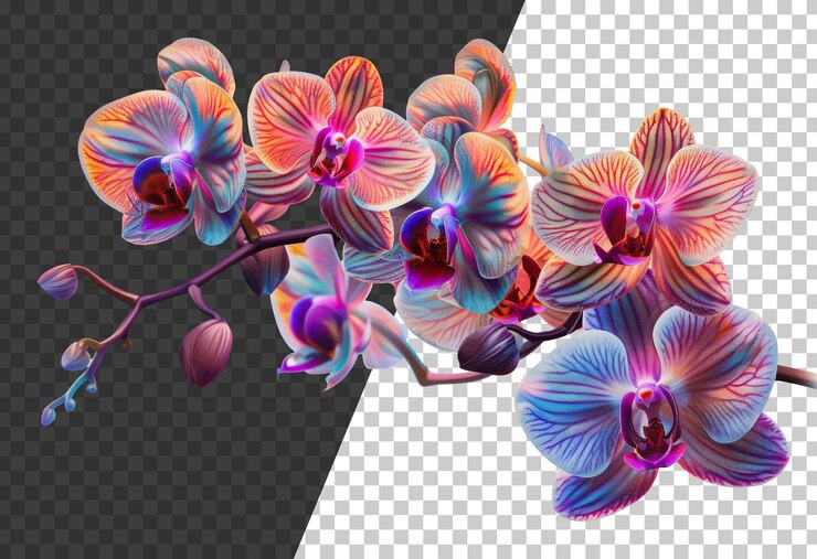 PSD colorida rama de orquídea con brotes cortados stock png