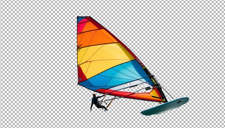 PSD la colorida vela de windsurf a bordo se desliza rápidamente