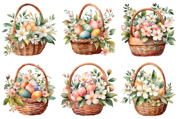 PSD las coloridas cestas de pascua están llenas de huevos vibrantes