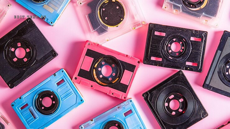 PSD coloridas cintas de mini casete antiguas esparcidas sobre un fondo rosado