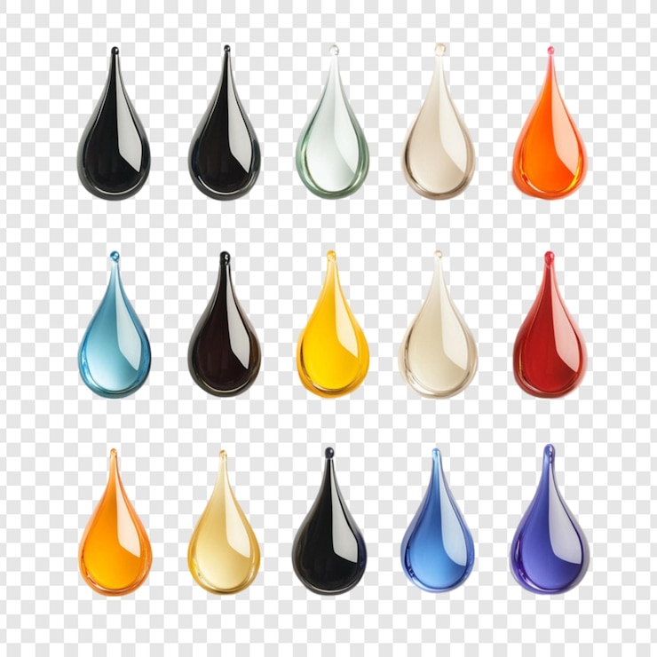 PSD coloridas formas de lágrimas brillantes dispuestas en filas una representación visual de varios líquidos o colores