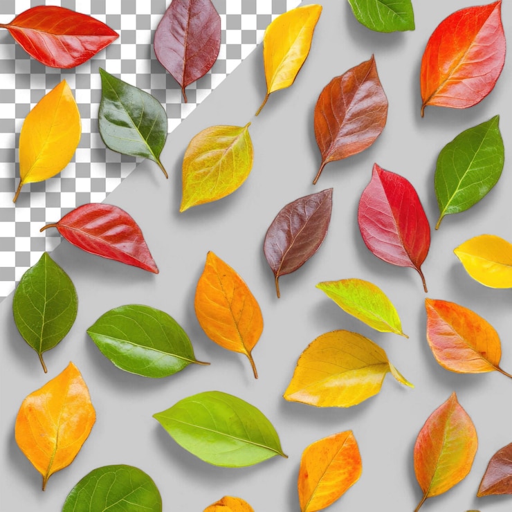 PSD las coloridas hojas de boxwood esparcidas aisladas en la vista superior transparente