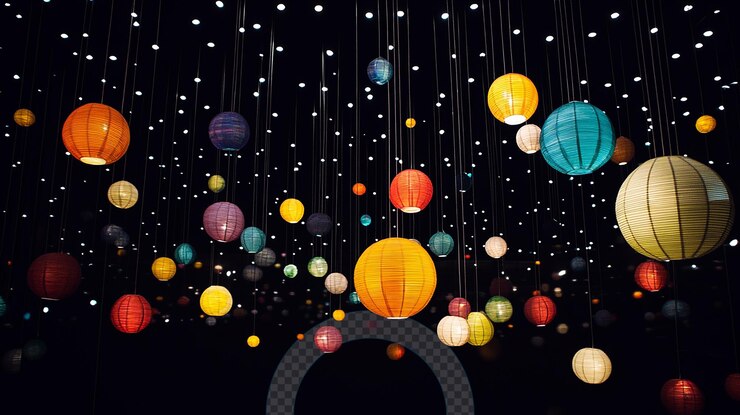 PSD las coloridas linternas colgantes crean una atmósfera festiva en un espacio interior acogedor