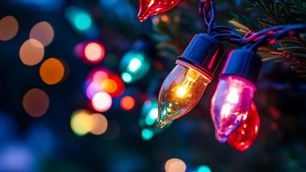 Las coloridas luces navideñas brillando en una rama de árbol por la noche con efecto bokeh