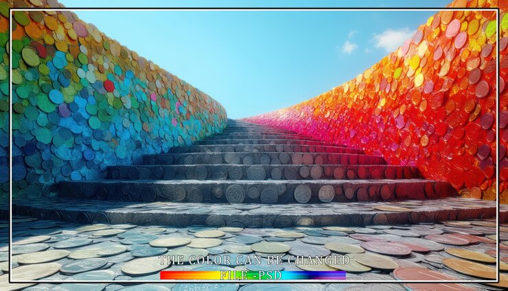 PSD coloridas paredes circulares con patrones enmarcan una escalera que conduce a un cielo brillante
