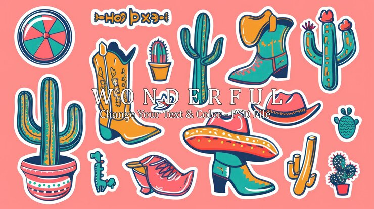 PSD coloridas pegatinas de botas y sombreros de cactus