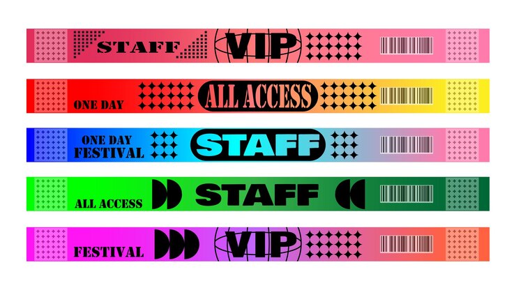 PSD coloridas pulseras de festival con personal vip y todas las etiquetas de acceso ilustración vectorial