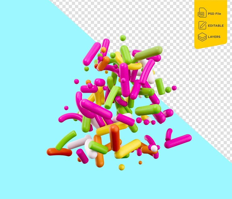 PSD las coloridas salpicaduras de dulces que caen sobre un fondo azul ilustración 3d