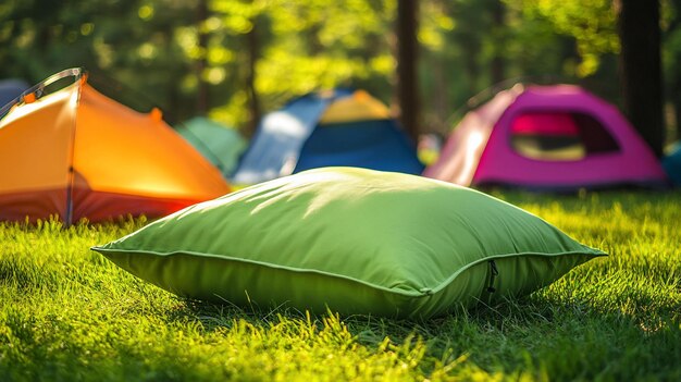 Coloridas tiendas de campamento en un parque cubierto de hierba con una almohada al aire libre de color verde lima en primer plano