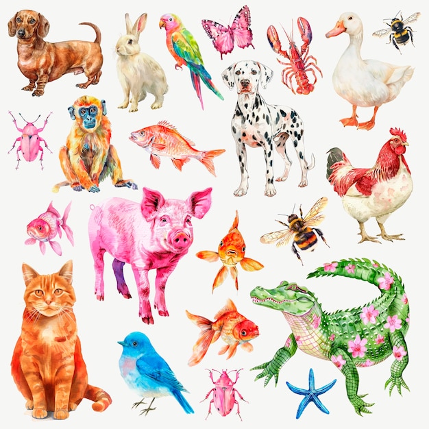 Colorido animal acuarela ilustración elemento de diseño psd conjunto