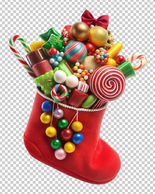 Un colorido calcetín de Navidad lleno de aislado en un fondo transparente