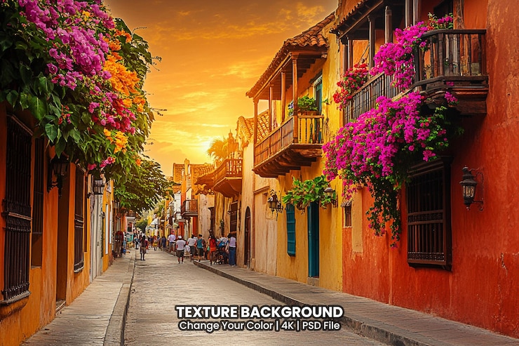 Colorido y calle con flores Textura de fondo