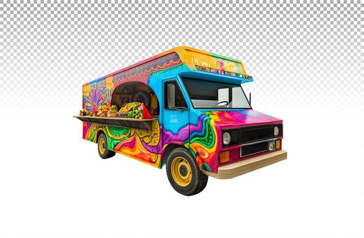 PSD un colorido camión de comida con un diseño de arco iris en él