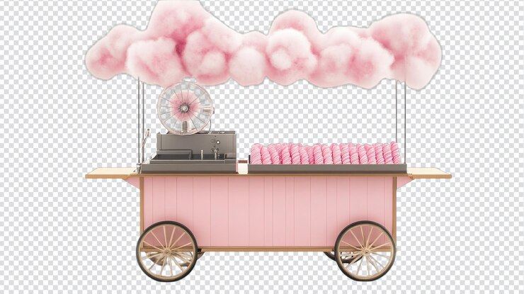 PSD un colorido carrito de algodón de caramelo con nubes rosadas esponjosas en una celebración de feria de verano