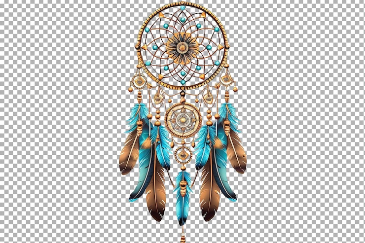 PSD un colorido cazador de sueños adornado con plumas y cuentas colgando contra un fondo en blanco en un fondo transparente png de superficie blanca o clara