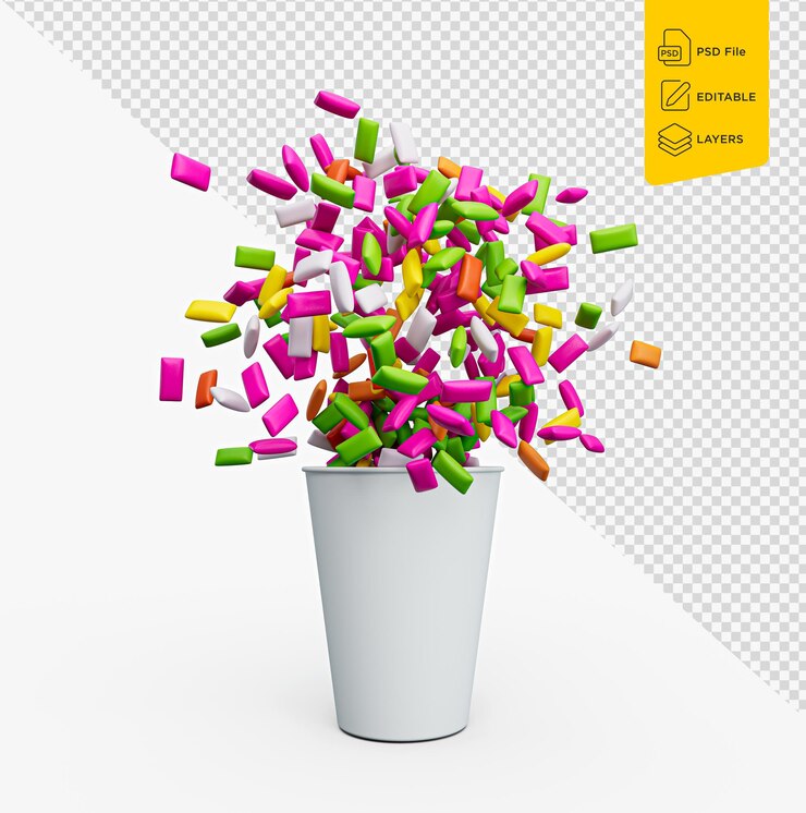 PSD el colorido chicle derramado de un recipiente de taza aislado en caramelos blancos derramados ilustración en 3d
